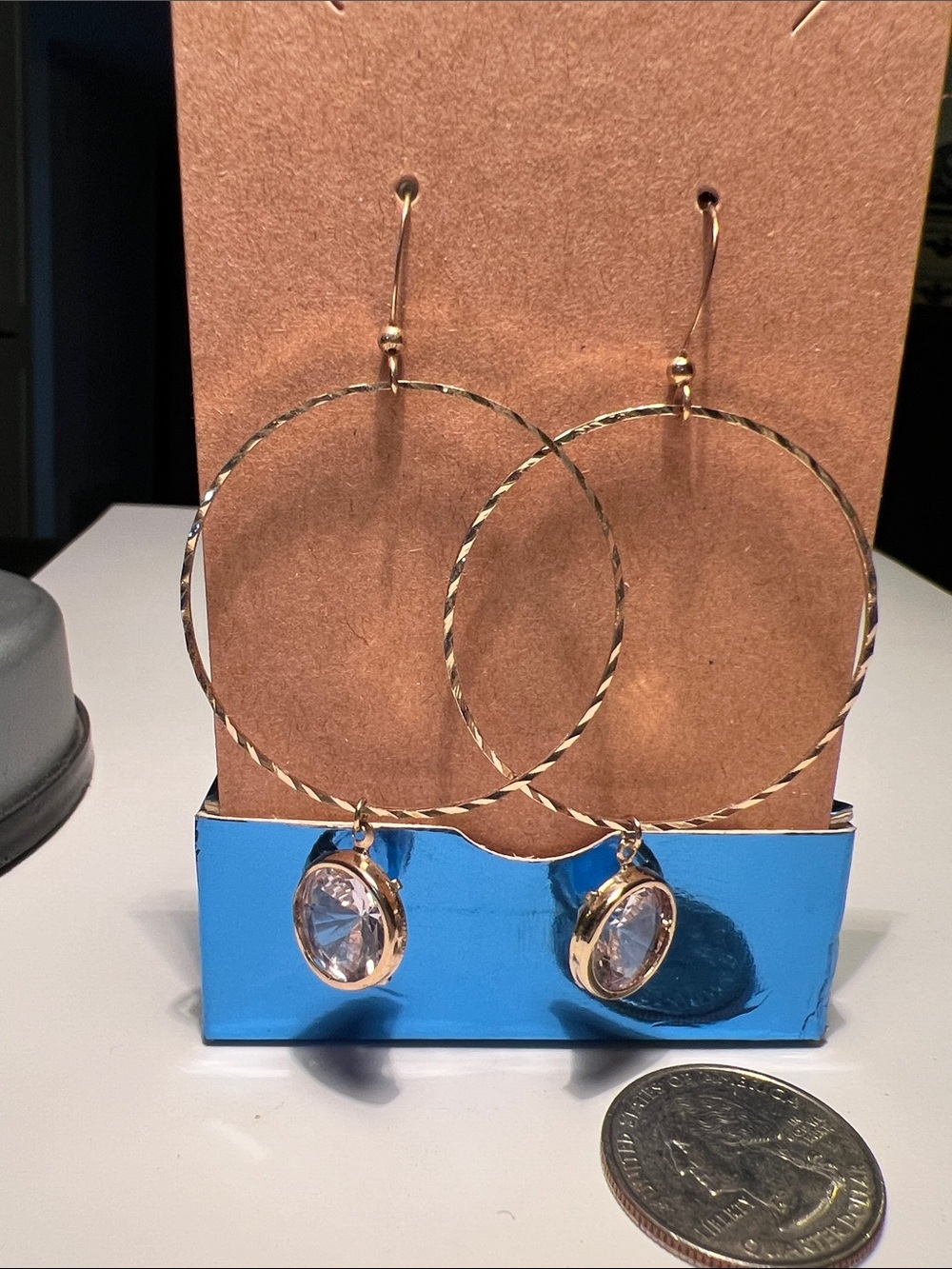 Gold Hoop Drop Earrings with Clear Crystal Accent
